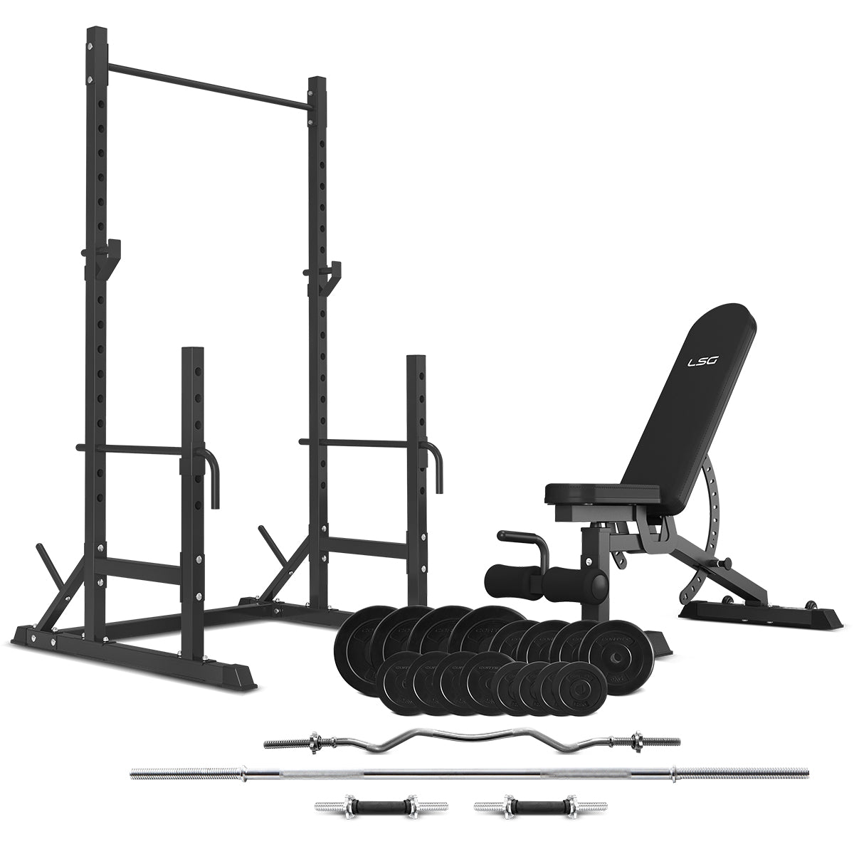 LSG Fitness, GBH-290 Power Rack + GBN-006 14-stufige FID-Trainingsbank + 90kg Gewichtssatz Paket