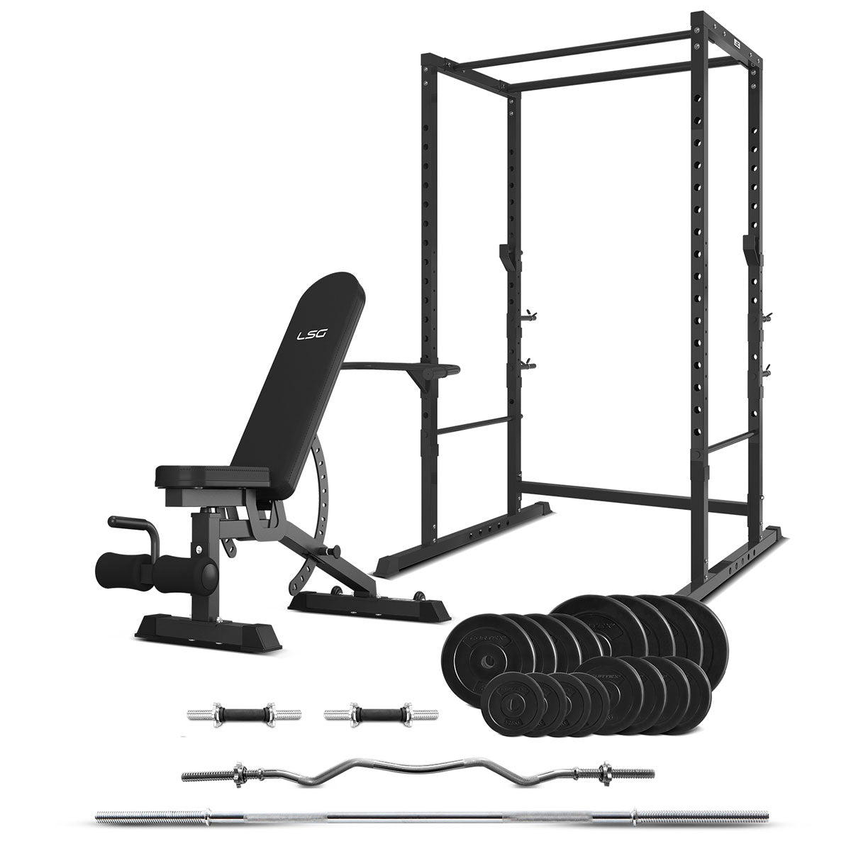 LSG Fitness, GBH-300 Power Rack + GBN-006 14-stufige FID-Trainingsbank + 90kg Gewichtssatz Paket