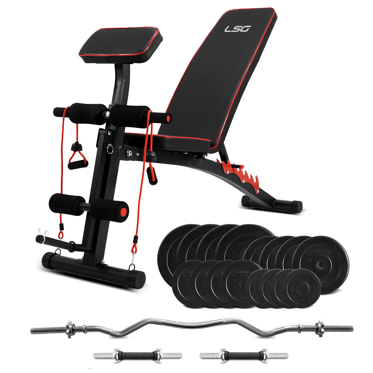 LSG Fitness, GBN-007 6 Level FID Bench & Preacher Pad + 85kg Gewicht & Bar Paket