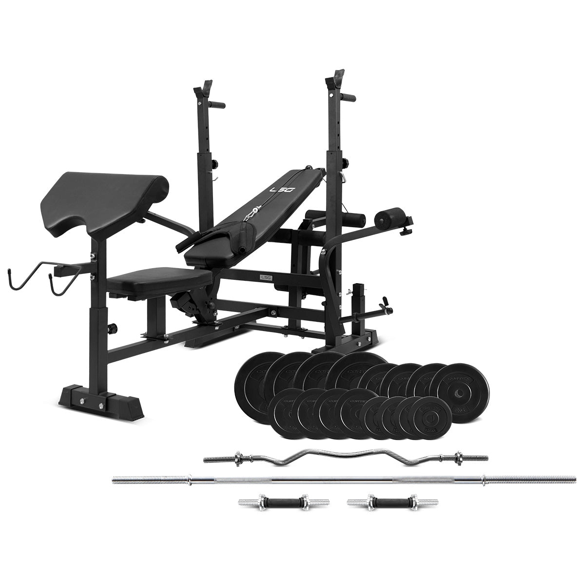 LSG Fitness, GBN-100 6-in-1-Multifunktions-Bankpresse mit 90kg Gewicht und Stangenpaket