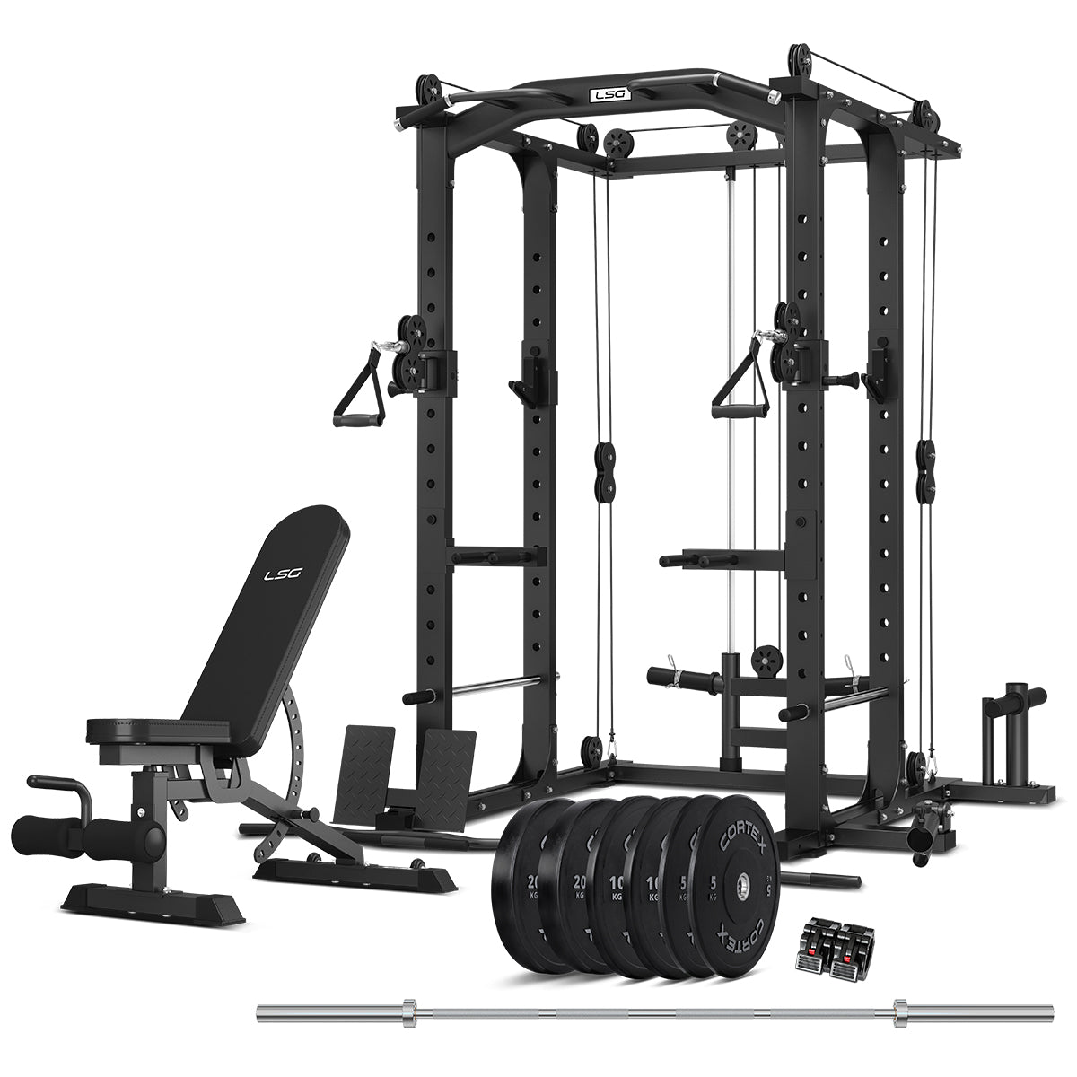 LSG Fitness, GRK-100 6-in-1 Multifunktions Home Gym/Power Rack mit Cable Crossover + GBN006 Bank + 90kg Bumper Hantelscheibe & Langhantel Set