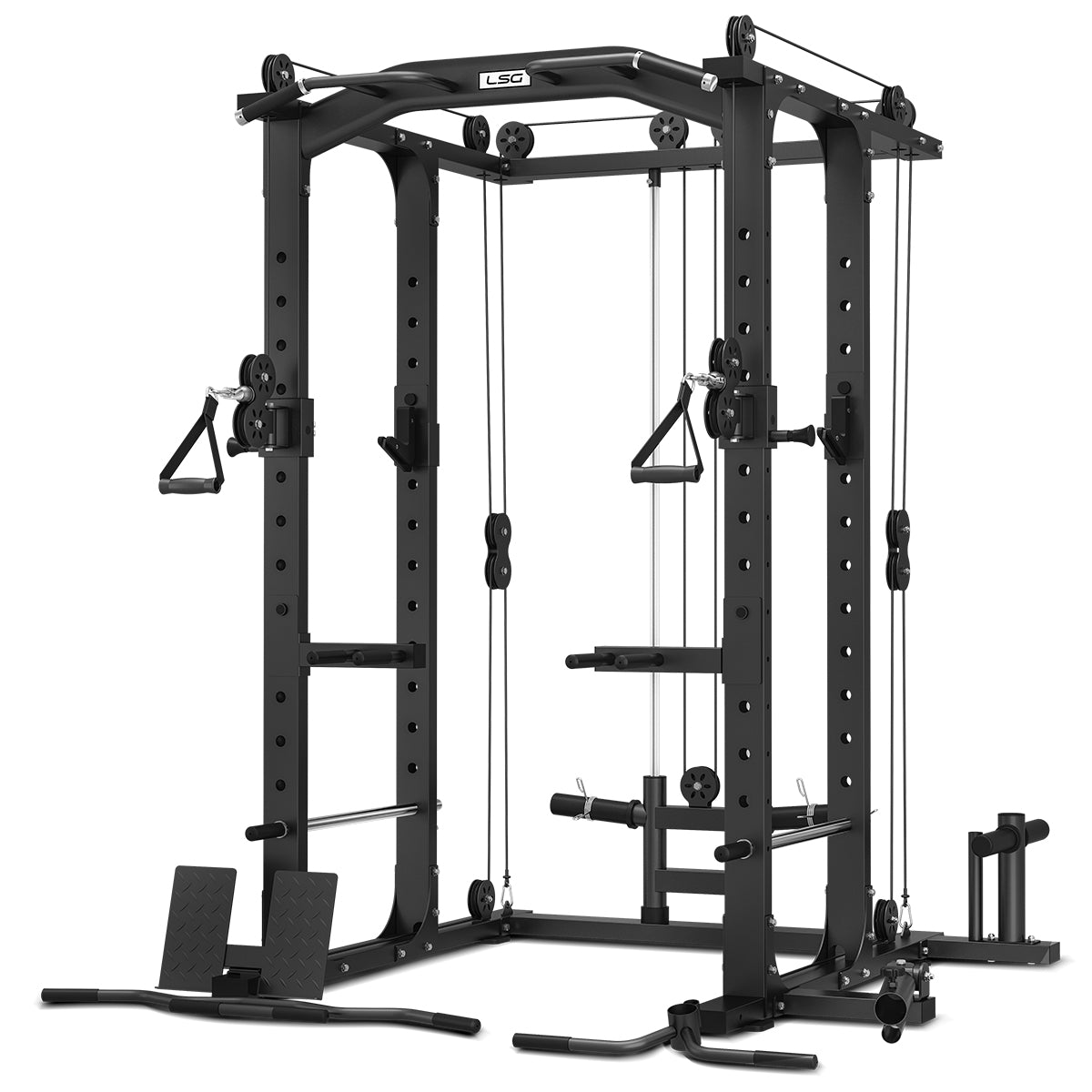 LSG Fitness, GRK-100 6-in-1 Multifunktions Home Gym/Power Rack mit Cable Crossover + GBN006 Bank + 90kg Bumper Hantelscheibe & Langhantel Set