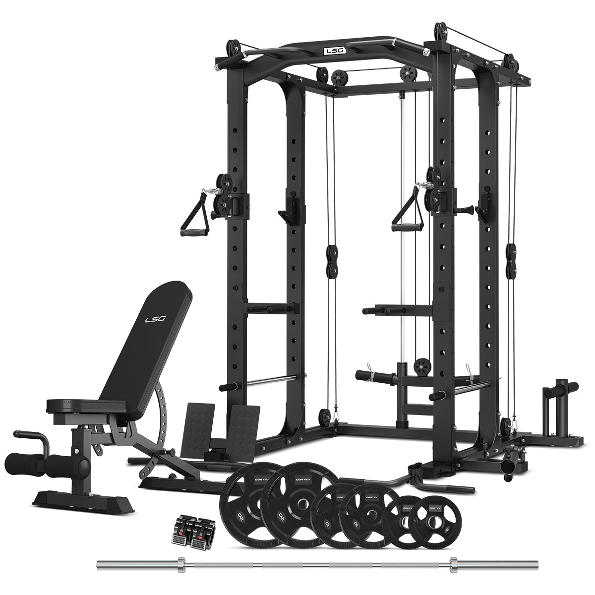 LSG Fitness, GRK-100 6-in-1 Multifunktions Home Gym/Power Rack mit Cable Crossover + GBN006 Bank + 90kg Olympic Weight Plate & Barbell Set