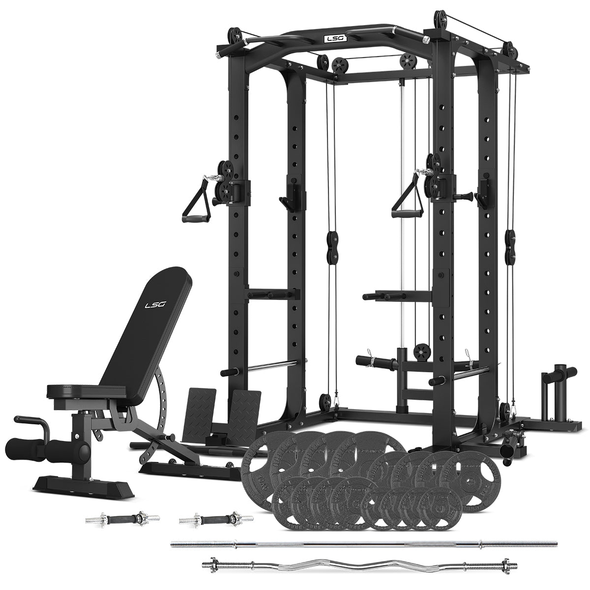 LSG Fitness, GRK-100 6-in-1 Multifunktions Home Gym/Power Rack mit Cable Crossover + GBN006 Bank + 90kg Standard Hantelscheibe & Bar Set