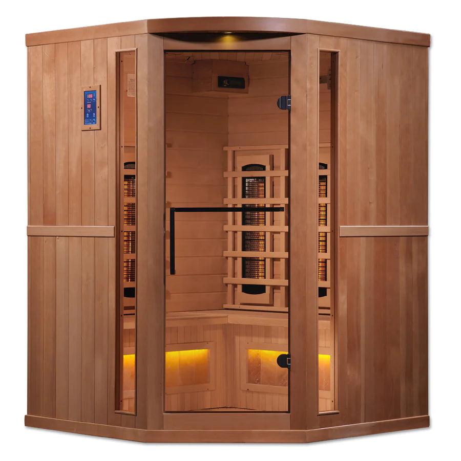 Goldene Designs, Golden Designs 3 Person Corner Reserve Full Spectrum PureTech™ Near Zero EMF FAR Infrarot-Sauna mit Himalaya-Salz Bar (Canadian Hemlock)-GDI-8035-02