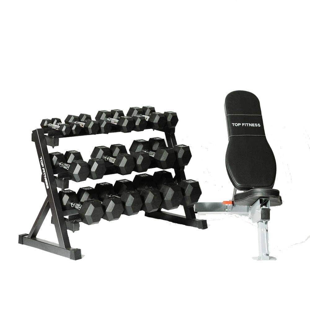 Top-Fitness, Top Fitness Gummi-Sechskant-Hantelset | 5-50lbs mit Bank und Ablage