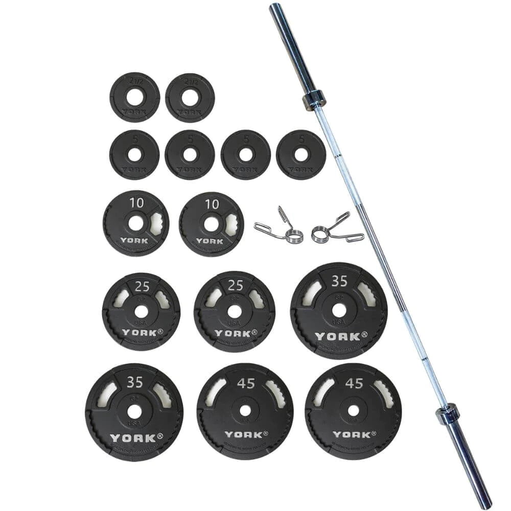 Langhantel York, York Barbell 300lb G-2 Gusseisen Olympische Platte & Langhantel Set